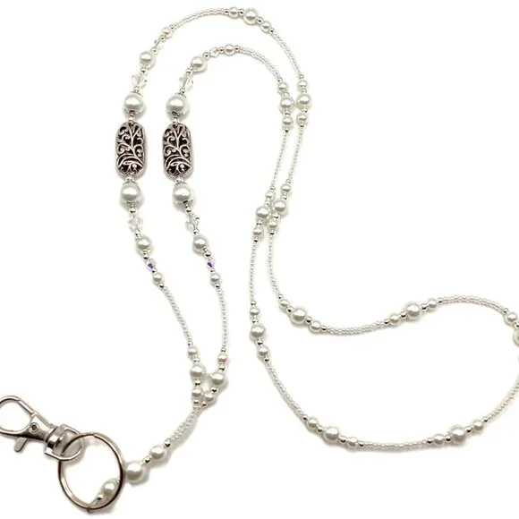 Classic White Pearl, Beaded Lanyard for, Badge, ID Holder, Keychain, Lanyard - Picture 3 of 5